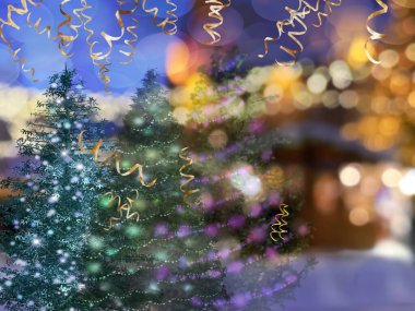  Bulanık ışıklı Noel ağacı elementleri altın konfeti tatil şablonu geçmiş tebrik kartı uzay afişini kopyala 