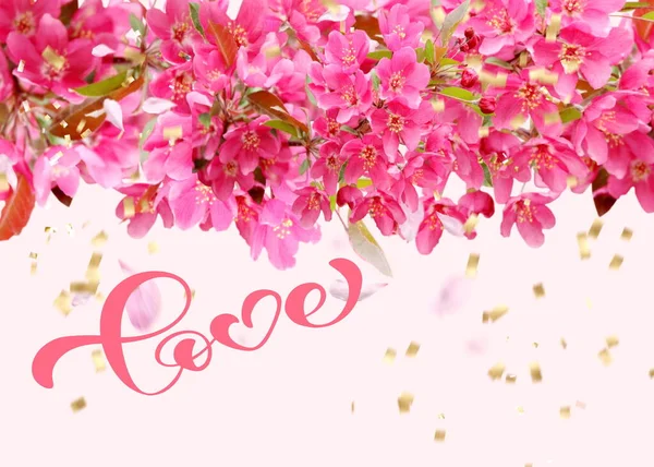 Love Text Pink Flowers Petal Pastel Background Festive Valentine Day — Foto Stock