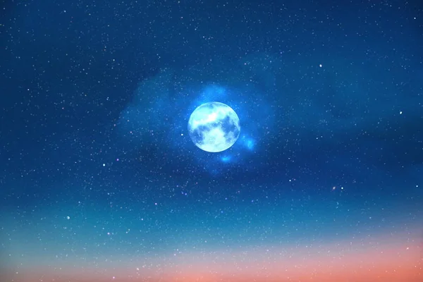 Blue Bright Starry Sky Big Moon Light Milky Way Pink — Fotografia de Stock