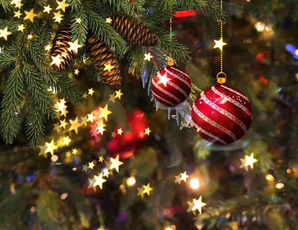 Festive Red Christmas Ball Gold Confetti Tree Branch Garland Light — Fotografia de Stock