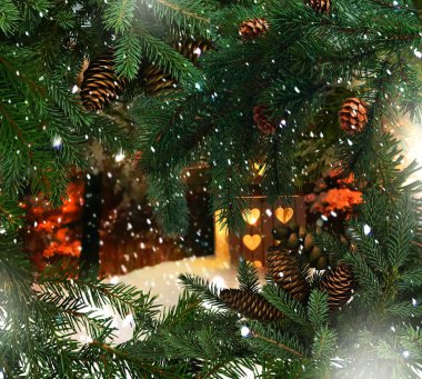 Christmas lantern in night winter forest on snow pine branch with cones on front snowlakes scene 