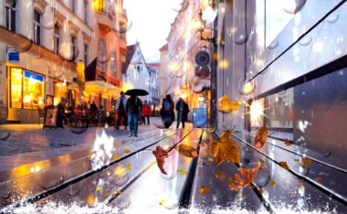  Autumn rain blurred bokeh city light rainy windows  rain drops  street night people walking with umbrellas evening neon lantern reflection on pavement man  silhouette  walk in Medieval city Tallinn 