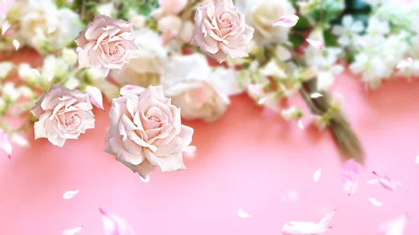 情人节问候粉红的白玫瑰 但在花朵的背景上用绿叶问候卡片复制空间 — 图库照片