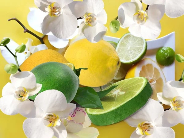 Citron Citron Vert Tranches Orchidées Fleurs Sur Fond Blanc Nature — Photo