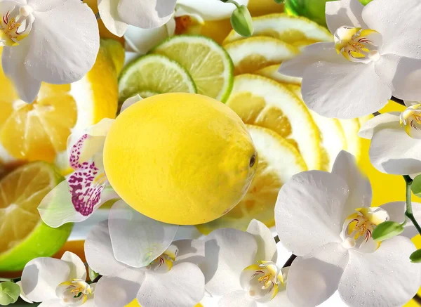 Citron Citron Vert Tranches Orchidées Fleurs Sur Fond Blanc Nature — Photo
