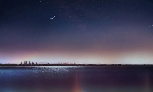 Tallin Ciudad Vieja Panorama Noche Cielo Estrellado Luna Atardecer Arco — Foto de Stock