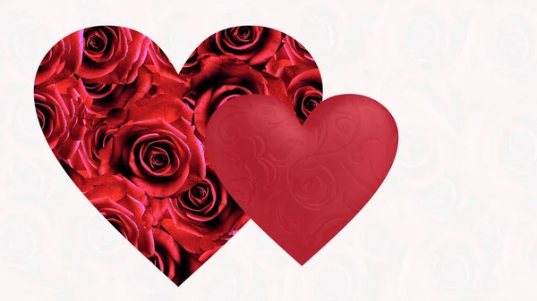 バレンタインデーシンボル赤バラハートシンボル白と赤の背景バレンタインデーグリーティングカードテキスト金のコンフェッティと要素で願い — ストック写真