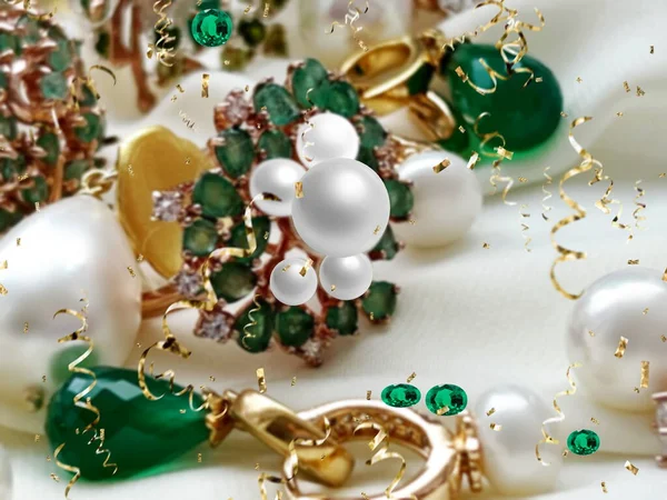 Зеленый Изумрудный Кольцо Белого Жемчуга Золотые Кольца Серьги Драгоценный Камень — стоковое фото