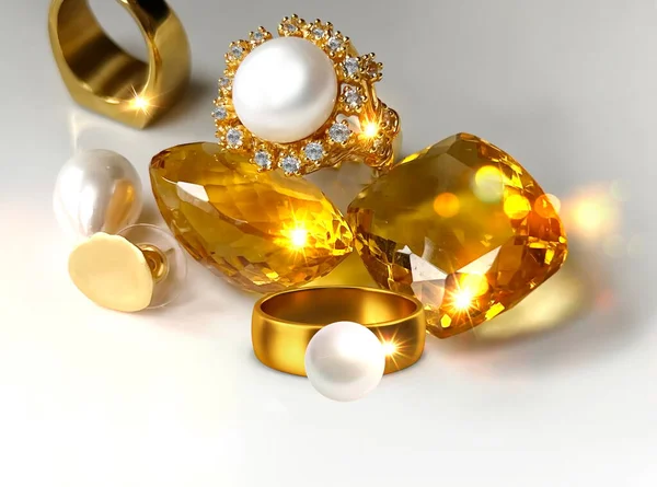 Gouden Sieraden Natuurlijke Witte Parel Ringen Gele Citrien Witte Achtergrond — Stockfoto