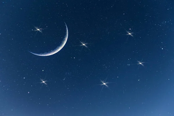 Sternenhimmel Mond Auf Hellblauen Sternen Fackeln Licht Kosmischen Hintergrund — Stockfoto