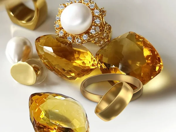 Sieraden Gouden Ring Natuurlijke Gele Citrien Edelsteen Witte Parel Gouden — Stockfoto