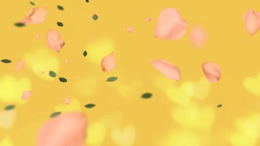 Sarı arkaplan, kalp sembolü ve pembe gül yaprağı bulanık ışık bayramı Sevgililer Günü Sevgililer Günü 'nde Gardiyan' ın düğün şablonu fotoklama alanı