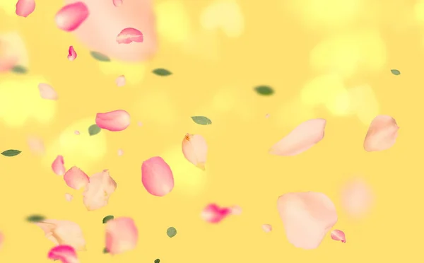 黄色背景 有心形符号和粉色玫瑰花瓣模糊的淡淡的节日女性情人节婚纱迎宾加德模版复制空间 — 图库照片