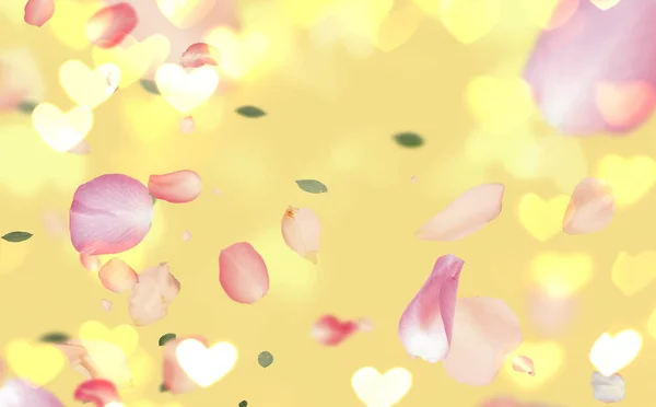 Fondo Amarillo Con Símbolo Del Corazón Rosas Rosa Pétalo Borrosa — Foto de Stock