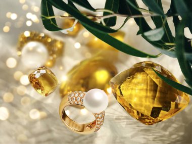 Mücevher altın yüzükler beyaz inci ve doğal sarı sitrin taşı ve pembe çiçekli kristal elmaslı beyaz inci yüzük lüks mücevher kadınlar