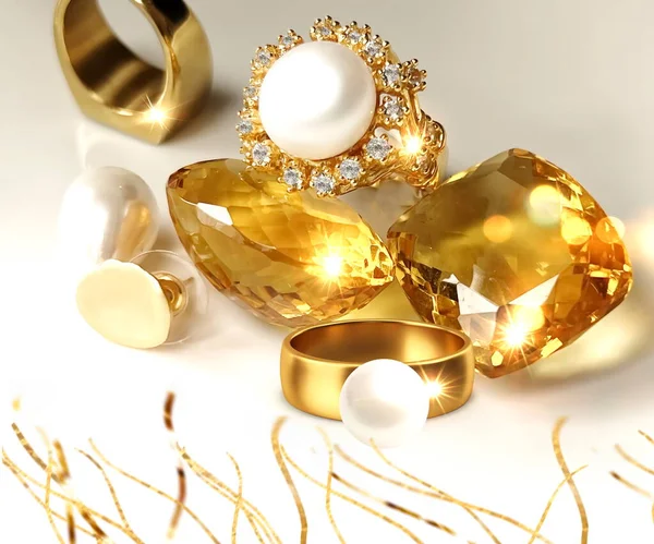 Jewelry Gold Rings White Pearl Natural Yellow Citrine Gem Stone — Stock Photo, Image