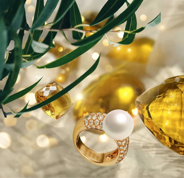 Mücevher altın yüzükler beyaz inci ve doğal sarı sitrin taşı ve pembe çiçekli kristal elmaslı beyaz inci yüzük lüks mücevher kadınlar