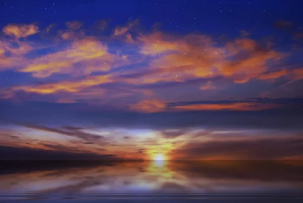 밤하늘파란 분홍빛 바다의 경관을 반사하는 구름을 내리쬐고 — 스톡 사진