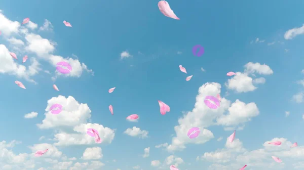 Fliegende Rosa Herz Blumen Blütenblatt Und Küsse Auf Blauem Himmel — Stockfoto