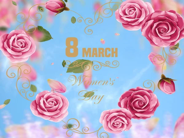 Mart Bayanları Günü Tebrik Kartı Mart Çiçekler Mavi Arka Planda — Stok fotoğraf