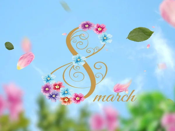 8スマート女性の日の挨拶カード金のテキスト青の背景に8個のマーツの花春の花 ピンクの空のピンクの緑の花と葉花弁のお祝いの夏のテンプレートBackgrpund コピースペースバナー — ストック写真