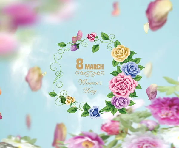 Mart Mulheres Dia Saudações Cartão Ouro Texto Marts Flores Primavera — Fotografia de Stock