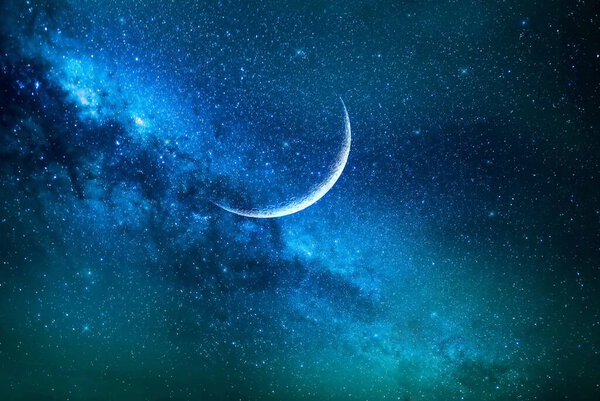 Dark blue starry night sky big moon universe cosmic cloudy background