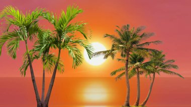 Güneşin üzerindeki palmiye ağacı tropikal pembe çiçekler denizden ayrılmamış turuncu arka plan şablonu seyahat eğlencesi
