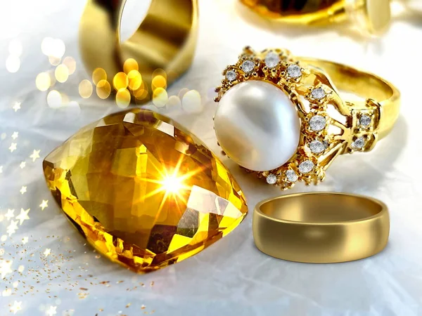 Gold Ring Yellow Citrine Natural White Pearl Gold Rings White — Stock Photo, Image