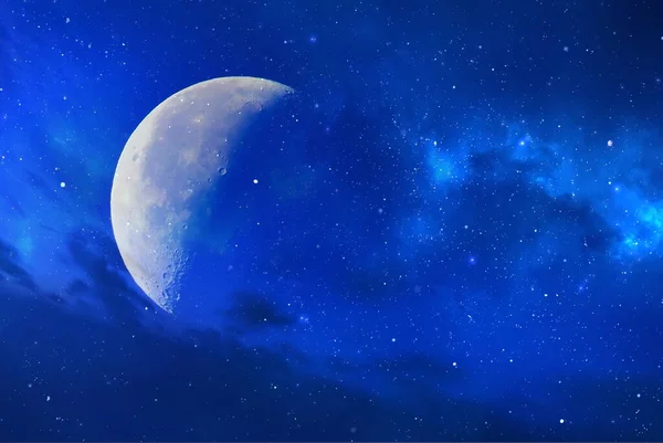 Luna Luminosa Sfondo Scuro Cielo Stellato Blu Universo Cosmico Nebulosa — Foto Stock