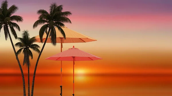 Palmový Plážový Deštník Oranžovém Západu Slunce Odrazu Slunečního Paprsku Stín — Stock fotografie