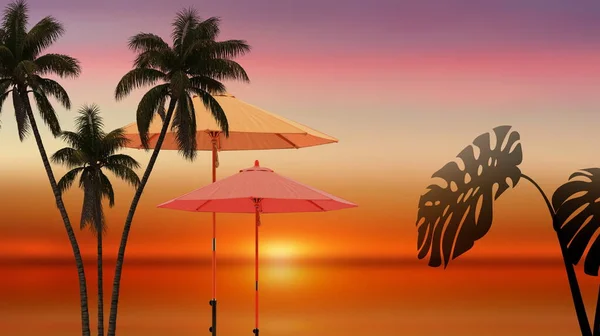 Turuncu Gün Batımında Palmiye Ağacı Sahil Şemsiyesi Deniz Işığı Yansıması — Stok fotoğraf