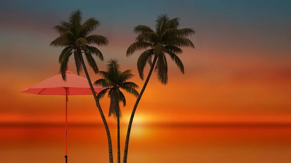 Пальма Пляжный Зонтик Оранжевом Закате Море Солнечный Луч Отражения Тропические — стоковое фото
