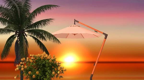 Turuncu Gün Batımında Palmiye Ağacı Sahil Şemsiyesi Deniz Işığı Yansıması — Stok fotoğraf