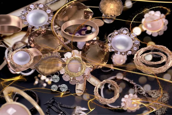 Goldschmuck Diamant Rosa Edelstein Ring Ohrring Armband Auf Schwarz Mit — Stockfoto