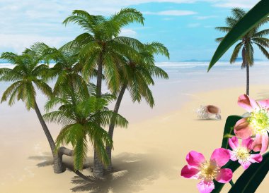 Yeşil deniz suyu, tropikal bitki ağacı ve pembe beyaz çiçekli kumsal kumu yaz arka planı, şablonu, kopyalama alanı