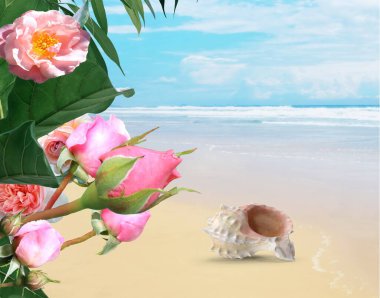 Akdeniz kumsalında yeşil deniz suyu ve tropikal bitki ağacı ve pembe beyaz çiçekler yaz arkaplanı, şablon, kopyalama alanı