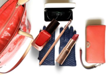 Kadınlar aksesuarlar makyaj kırmızı ruj palet kalem makyaj kozmetik kot pantolon şablonu, kopyalama uzay afişi