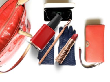 Kadınlar aksesuarlar makyaj kırmızı ruj palet kalem makyaj kozmetik kot pantolon şablonu, kopyalama uzay afişi