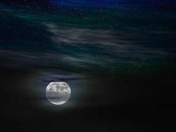 Cloudy deep night dramatic cloudsnebura starry sky big moon background copy space template