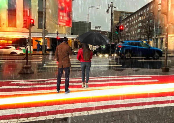 Tallinn Rainy Street Evening Blurred Light City Building Car Traffic — Stock Photo, Image