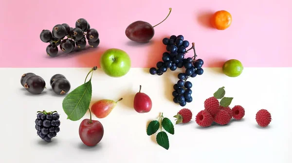 Beeren Mischen Trauben Orange Brombeere Himbeere Apfel Gesunde Nahrung Auf — Stockfoto