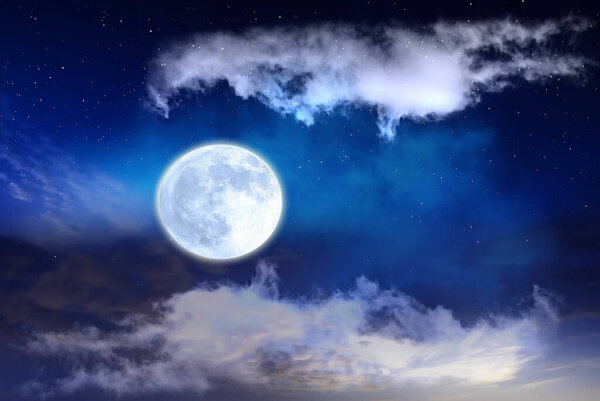 Bright moon at cloudy blue sky atmosphere background weather forecast