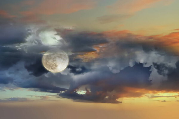 Moon on sunset sky bright atmosphere and dark dramatic cloudy blue background weather forecast