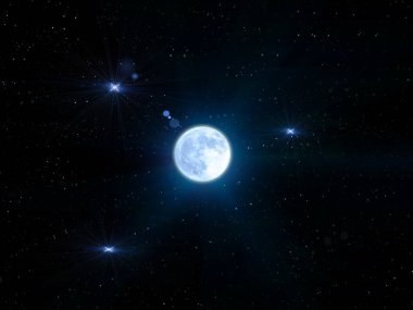   Yıldızlı gökyüzü parlak mavi ay ve nebula karanlık yıldız parlar kozmik arkaplan fotokopi alanı şablonu