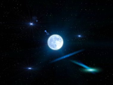   Yıldızlı gökyüzü parlak mavi ay ve nebula karanlık yıldız parlar kozmik arkaplan fotokopi alanı şablonu