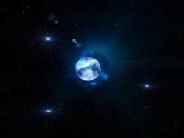   Yıldızlı gökyüzü parlak mavi ay ve nebula karanlık yıldız parlar kozmik arkaplan fotokopi alanı şablonu