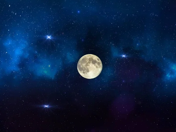 Cielo Estrellado Brillante Azul Luna Nebulosa Estrella Oscura Bengalas Fondo — Foto de Stock