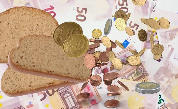 Inflation Armut Geld Euro Münzen Brot Verbraucher Warenkorb Wirtschaftlicher Hintergrund — Stockfoto