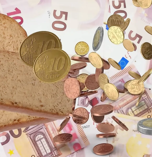 Infláció Szegénység Pénz Euró Érme Kenyér Fogyasztói Kosár Gazdasági Háttér — Stock Fotó